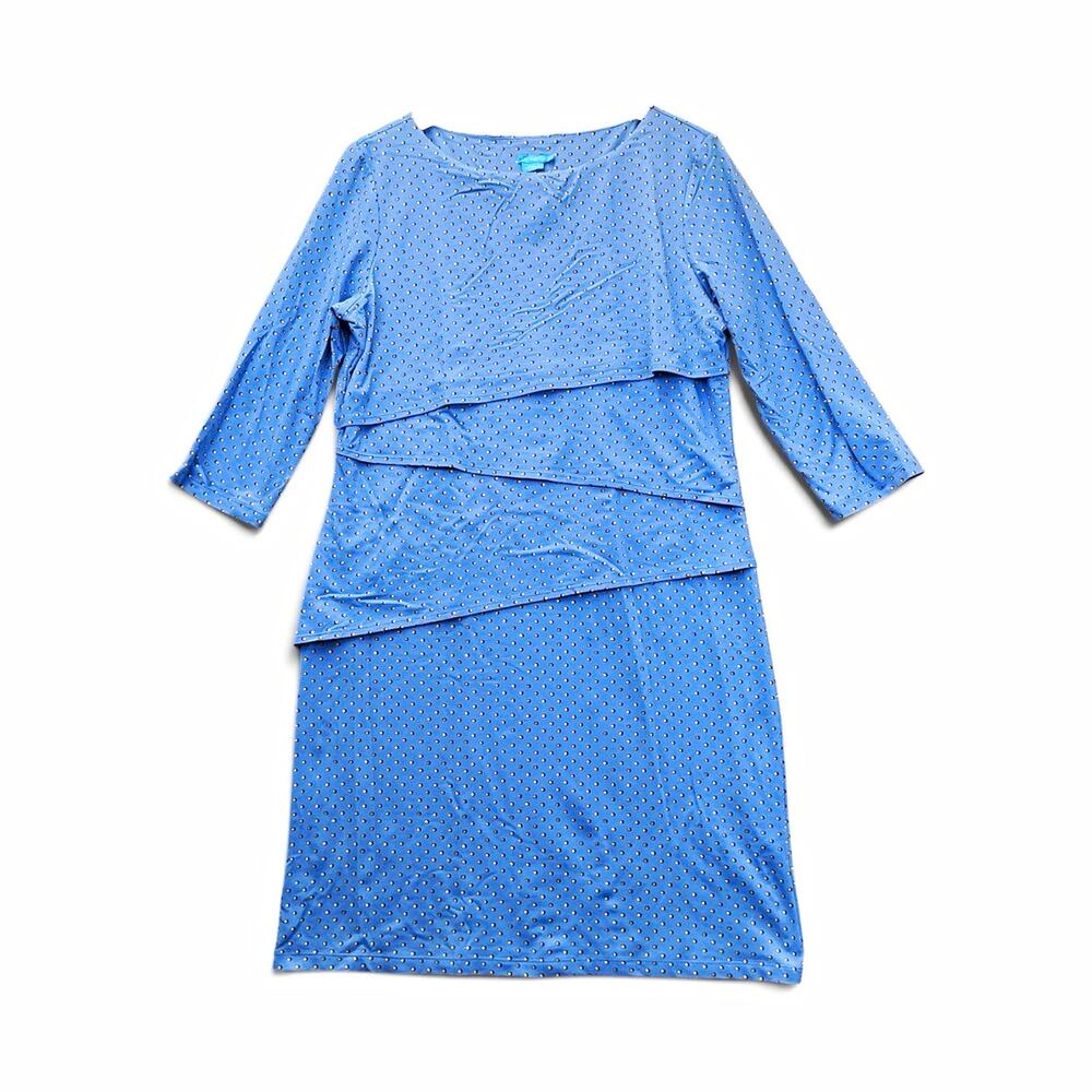 Women's Blue Polka Dot Sheath Dress Layered 3/4 Sleeve Knit Stretch Sz XL